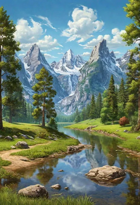 a painting of a mountain scene with a stream and trees