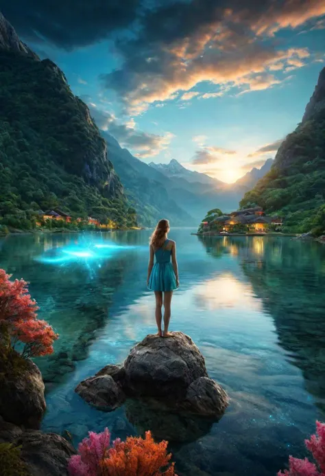 insanely detailed illustration, beautiful composition, young woman tight angle full body shot with a focused background creating an atmosphere of tranquility and wonder, magical scenery surrounded by light. abstract form of a reality, intense and infinite. The double exposure creates an ethereal effect, blending the abstract form with the surrounding landscape, as if it were a natural extension of the magic it emanates. The details of the bioluminescent creatures are precisely rendered and shine in vivid colors. <xl_more_art-full_v1:0.3>, TamarinXL_v10, ultra_detailed, ultra_quality, perfect composition, high detail, a masterpiece with Four-Point Perspective, perfect composition, high detail, masterpiece