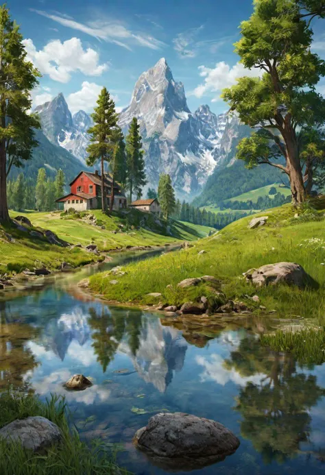 a painting of a house in the mountains with a stream