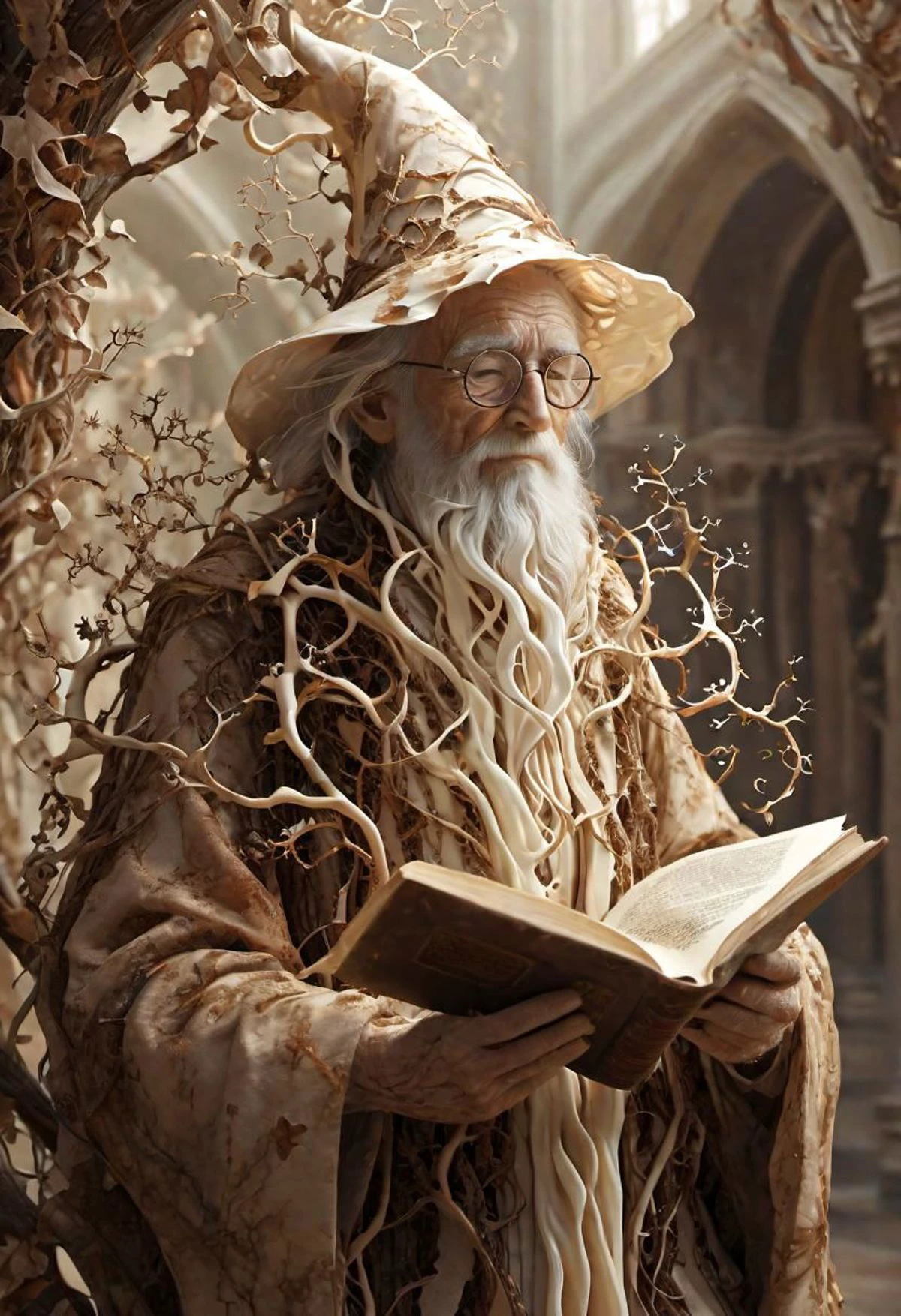 fractalvinas, un viejo mago bibliotecario cubierto de enredaderas fractales de color marrón crema, leyendo un libro, biblioteca, polvoriento,