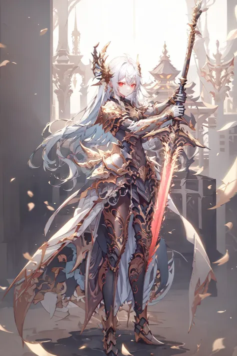 highres, highest quallity, 1girl, (adult:1.2), solo, solo_focus, CGDivineSwordsw, weapon,  solo, holding, glowing, sword, holding weapon, glowing weapon, standing, holding sword, glowing sword, planted sword, gradient, gradient background, greaves, pauldrons,glow, white_hair, red_eyes, straight_hair, long_hair, looking at viewer,