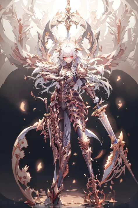 highres, highest quallity, 1girl, (adult:1.2), solo, solo_focus, CGDivineSwordsw, weapon,  solo, holding, glowing, sword, holding weapon, glowing weapon, standing, holding sword, glowing sword, planted sword, gradient, gradient background, greaves, pauldrons,glow, white_hair, red_eyes, straight_hair, long_hair, looking at viewer,