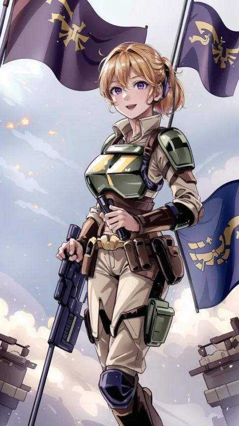 a woman in a military outfit holding a gun and a flag