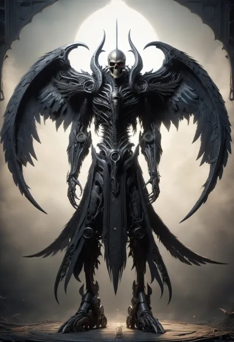 a dark knight with large wings and a sword standing in front of a full moon