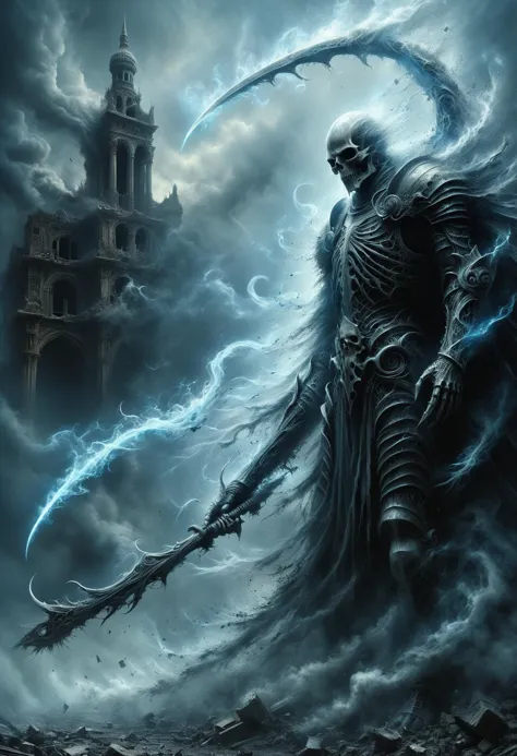 a dark knight with a large scythe standing in front of a castle