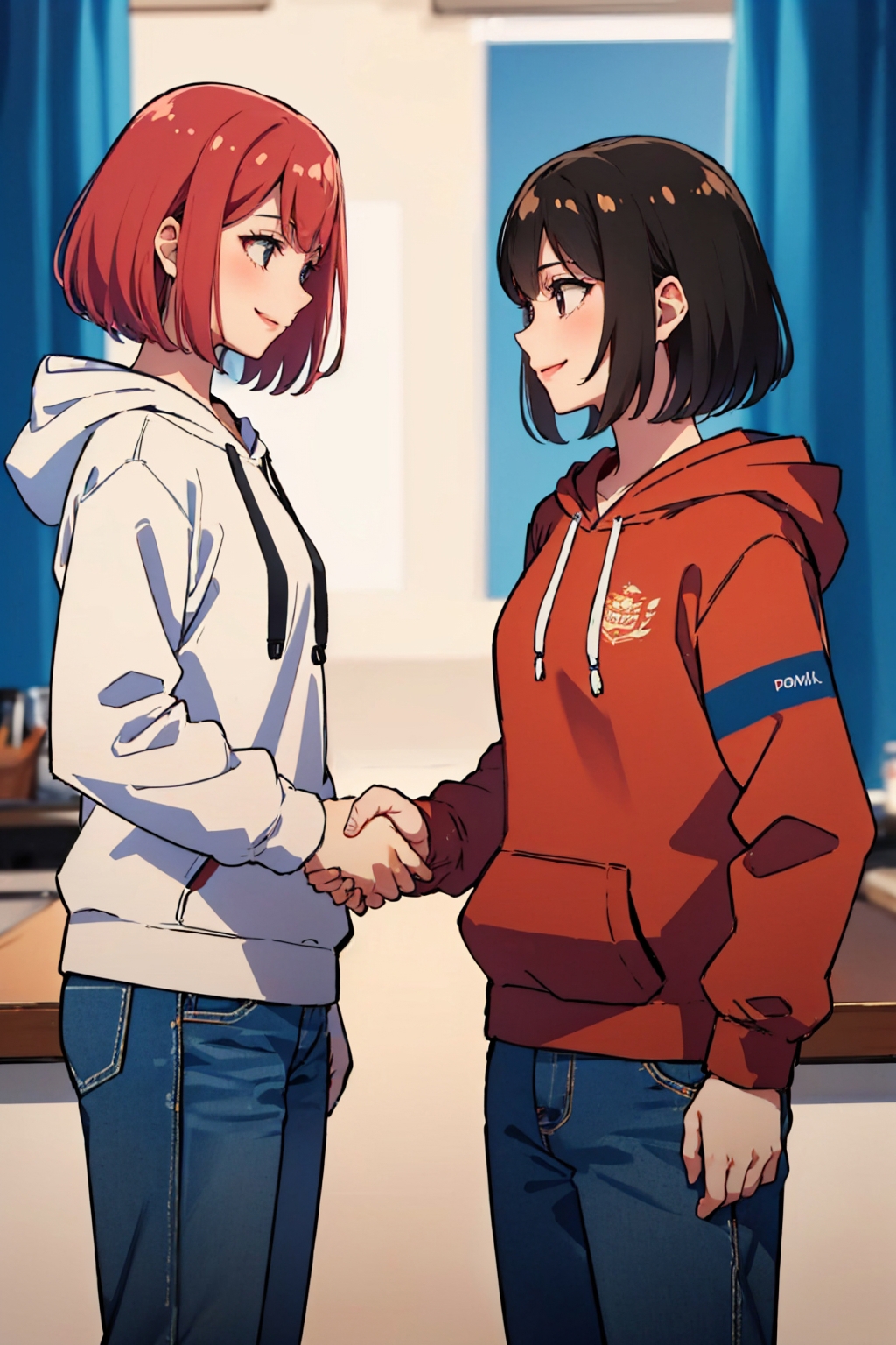 Two anime girls shaking hands in a kitchen with blue curtains - SeaArt AI