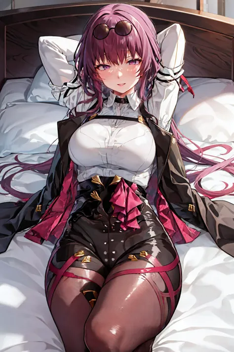 masterpiece, best quality,  <lora:kafka-nvwls-v1-final:0.9> kafka, purple eyes, sunglasses on head, black jacket, collared shirt, black shorts, pantyhose, seiza, bed, arms behind head, smile <lora:mitsudomoe-Style-000067:1>