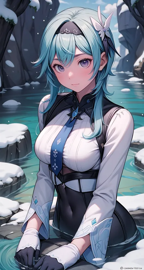 a woman with blue hair and a white shirt sitting in a body of water