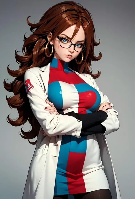 (masterpiece, best quality), 1girl,   <lora:Android21_v1:0.8> android21, 1girl, solo, blue eyes, brown hair, long hair, curly hair, hair between eyes, jewelry, hoop earrings, glasses,, checkered dress, two-tone dress, multicolored dress, tight dress, turtleneck, black pantyhose,, labcoat, long sleeves,