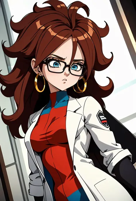 (masterpiece, best quality), 1girl,   <lora:Android21_v1:0.8> android21, 1girl, solo, blue eyes, brown hair, long hair, curly hair, hair between eyes, jewelry, hoop earrings, glasses,, checkered dress, two-tone dress, multicolored dress, tight dress, turtleneck, black pantyhose,, labcoat, long sleeves,