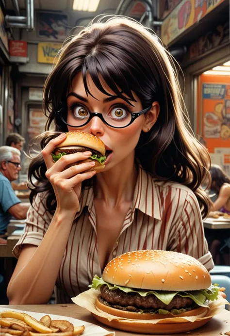 naked woman eating a delicious hamburger