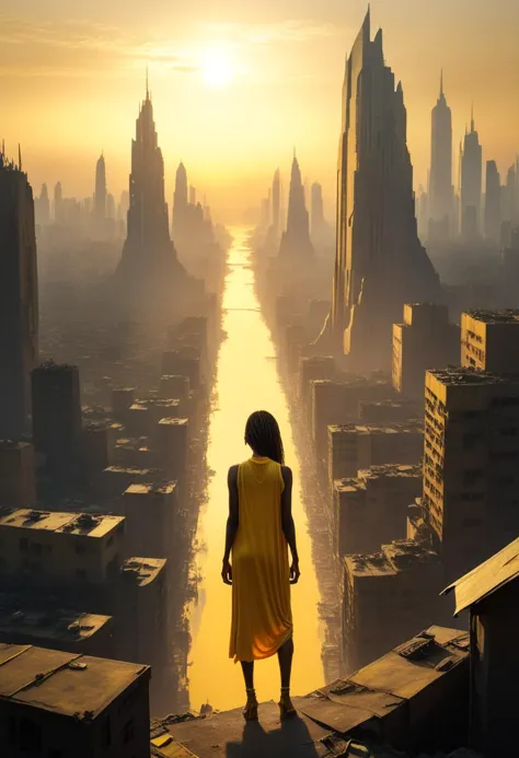 In a yellow sunrise, a looming futuristic city stands high in the distance casting its shadow upon the slums below this naked woman