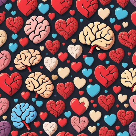 a close up of a bunch of heart shaped cookies with a brain on them