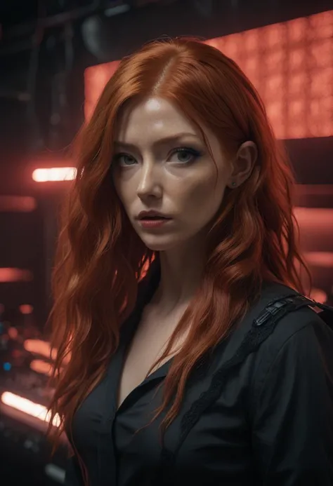 a woman with red hair and a black shirt in a dark room