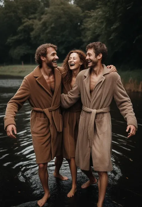 a man and woman in bathrobes standing in water with trees in background