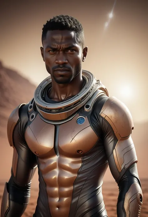 torso shot of beautiful naked black man, in Mars, (RAW, analog, Nikon Z 85mm, award winning photograph, ((best quality)), ((masterpiece)), ((realistic)), radiant light rays, highres, detailed facial features, high detail, sharp focus, smooth, aesthetic, extremely detailed, extremely detailed eyes, extremely detailed body, extremely detailed skin