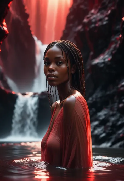 a woman in a red dress standing in a river with a waterfall in the background