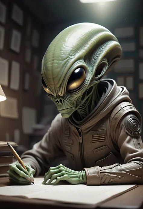 alien writing a book in a dark room with a lamp