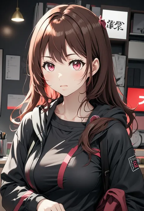 anime girl with long brown hair and black top in a cafe