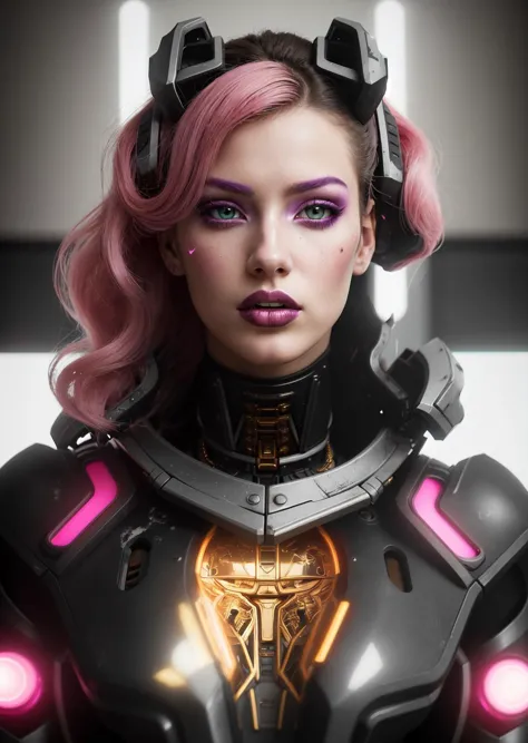 A stunningly beautiful young robot women, full power armor, showcases her neonpunk style in a mesmerizing combination of cyberpu...
