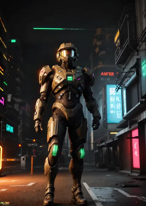 Master Chief, cyberpunk style, cyberpunk reimagined, neon lights, dystopian, vivid, glowing, hero view, action pose, cinematic s...