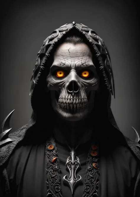 (black and dark grey, Ultra realistic, Intricate, awesome high resolution photography), (evil undead necromancer with a metal en...
