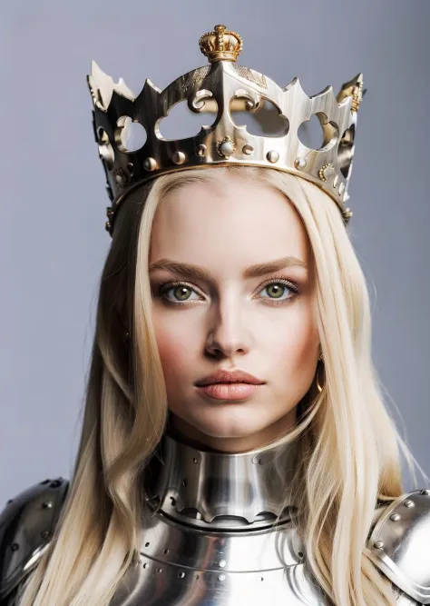 women with blond hair in a knight armor, queen crown
