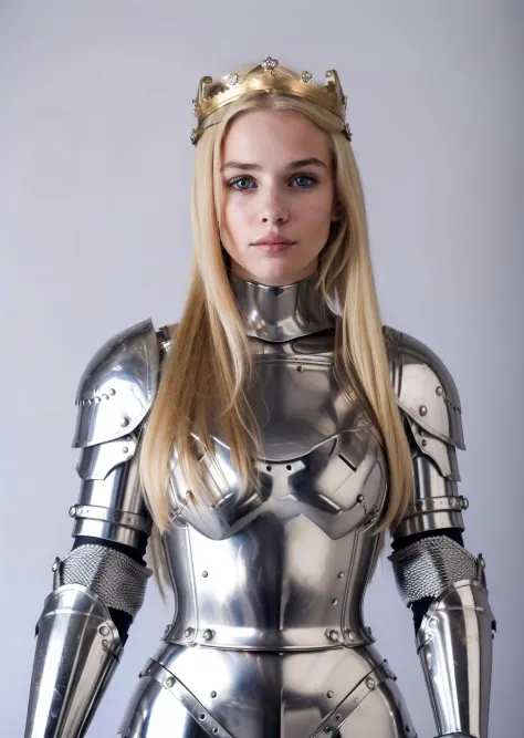 women with blond hair in a knight armor, queen crown full body