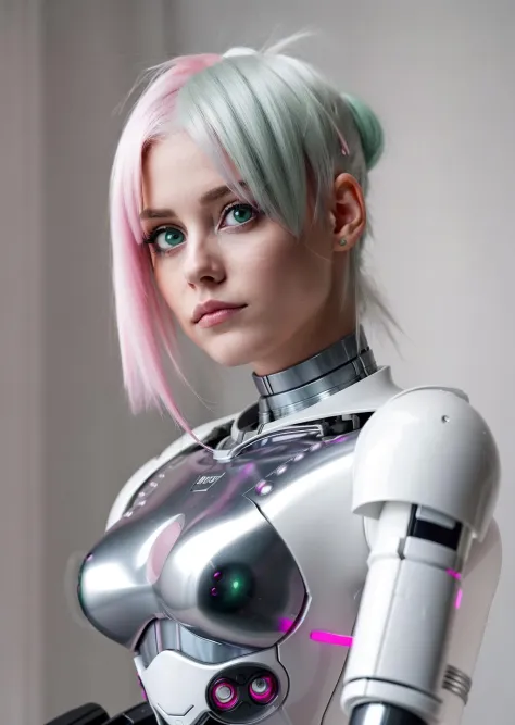 a women with pink hair robot, green eyes