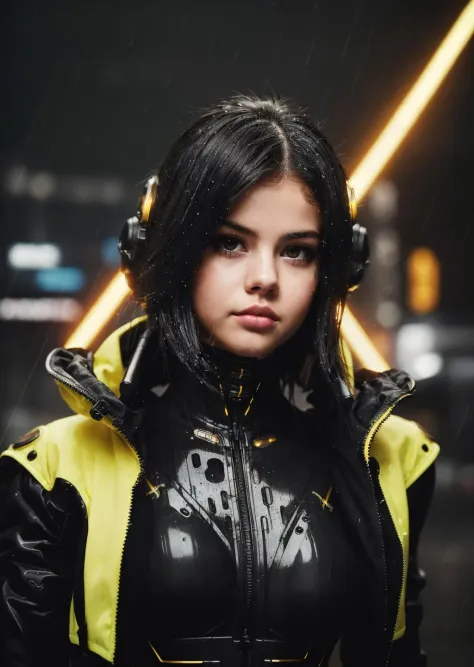 super realistic image, detailed face, (mechanical body:1.0), cyberpunk city, Selena Gomez, (black and gold Neon exoskeleton body...