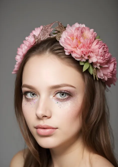 a women with flowers on her head, portrait, glitter