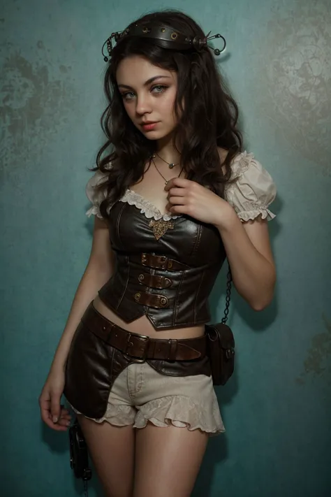 portrait analogique professionnel steampunk complexe à couper le souffle, (SFW:1.2) (JackieBurkhartTI:0.9) une fille comme une e-girl effrayée,  photo éditoriale de style steampunk, (thème éditorial nostalgique avec un style nostalgique,  coiffure nostalgique steampunk et vêtements nostalgiques et accessoires nostalgiques), Photographie éditoriale, devant un simple (fond d&#39;écran turquoise pâle), pose de pin-up exagérée, avant-garde portraiture, style magazine, postproduction professionnelle de haute qualité, mise au point douce,  photo steampunk, composition de personnages épique, netteté, diffusion souterraine, f2, 35mm, grain de film