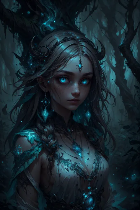 a woman with blue eyes and a long hair in a forest