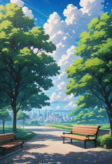 there is a bench in the park with a view of the city