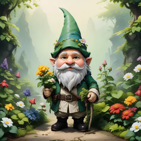 illustration of a small garden gnome on a blank canvas, miniature gnome, short gnome, big head, fantasy, large pointy gnome hat, eyes covered, the hat hides his eyes, he has a big head and a small body, rounded nose, long mage white beard, green gnome outfit, holding a bunch of flowers, garden plants are growing on the background behind the gnome,
story, proffesional drawing, high quality, thin line, pencil line, pastel colors, 2d