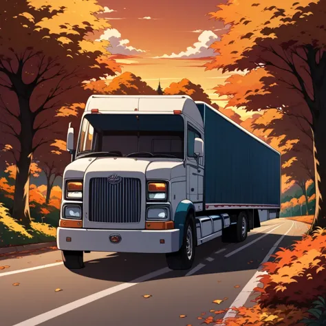 score_9, score_8_up, score_7_up, source_anime, outdoors, autumn, evening, truck, road, 2d, scr33nc@p, detailed background, <lora...