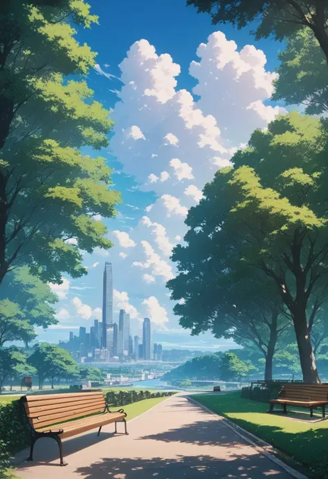 score_9, score_8_up, score_7_up, source_anime, rating_safe, scenery, outdoors, sky, cloud, summer day, trees, city park, bench, ...