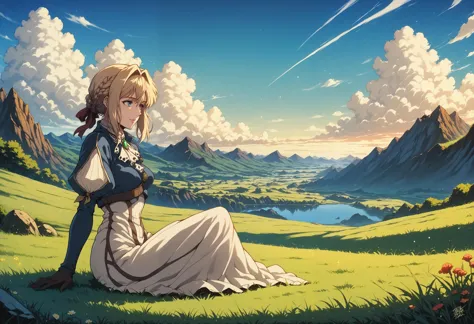 score_9, score_8_up,score_7_up, score_6_up, score_5_up, score_4_up
BREAK colorful, hdr, outside, abstract scenery, dramatic lighting, sunbeam, grass, sky, clouds, rainbow, sparkle
BREAK violet evergarden, braid, blonde, blue eyes, hair ribbon, bangs, emerald \(gem\), dress, sitting on ground, reclining, relaxing, looking up, full body, closed smile, gloves
<lora:Caliginous_ponyXL_v10:1.4> <lora:AAMXLScreencap_ponyXL_v10:0.8> <lora:violet-garden_ponyXL_v10:1>