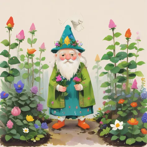handrawing, small garden gnome, pointy hat that covers his eyes, rounded nouse, long mage white beard, green gnome outfit, holding a bunch of flowers, plants on the background