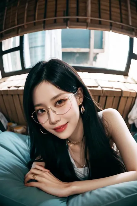 a woman with glasses laying on a bed with a blue pillow