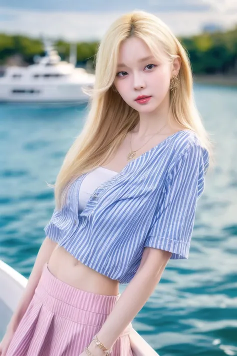 Best quality,masterpiece,ultra high res,(photorealistic),raw photo,1girl,skinny,upper body,solo,realistic,looking at viewer,bokeh background,(blue_Vertical-striped_shirt:1.2),red_vertical-striped_long skirt,outdoor,clouds,on the luxury boat,white blonde long hair,jewelry,bracelet,(small breast:1.3),(shoulder),belly,(Navel:1.3),(front),<lora:makina69_winter_v5.0.gold:1>,<lora:add_detail:1>,