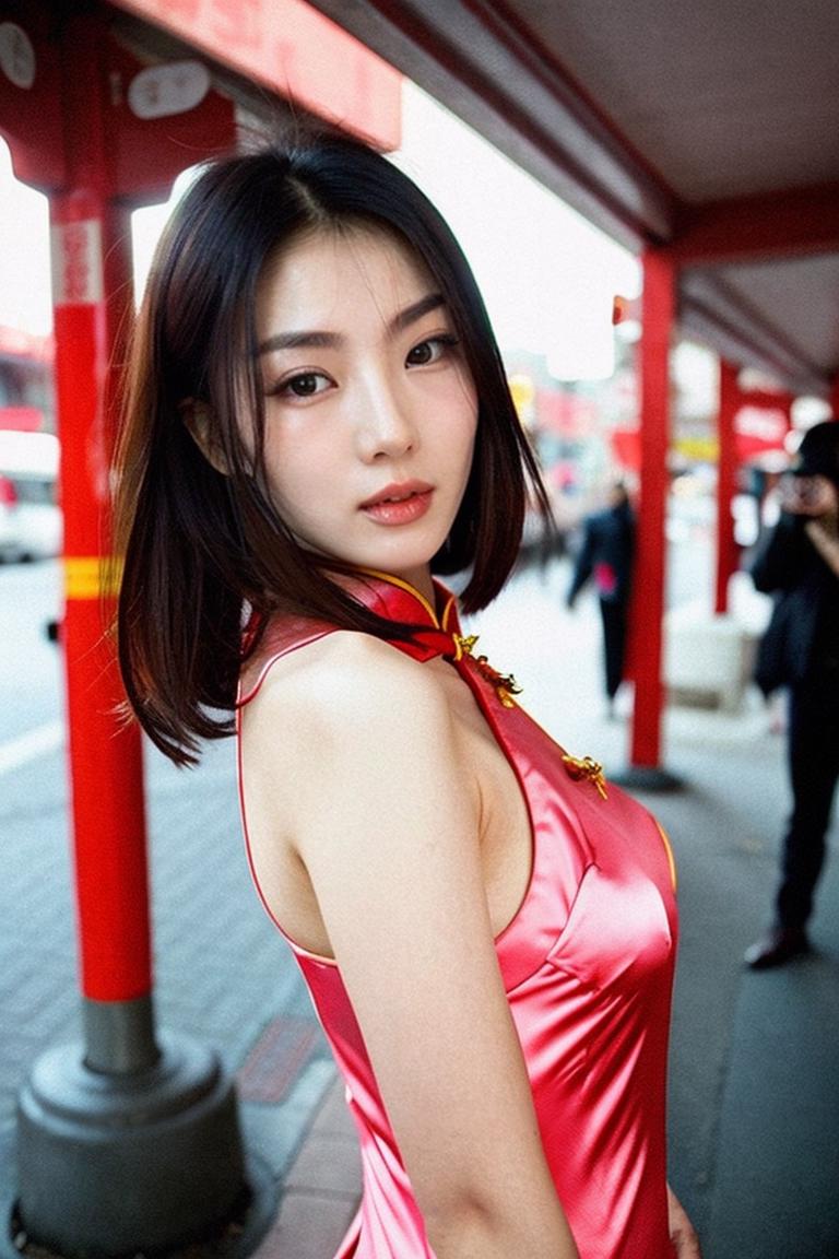 Araffe asian woman in a red dress posing for a picture - SeaArt AI