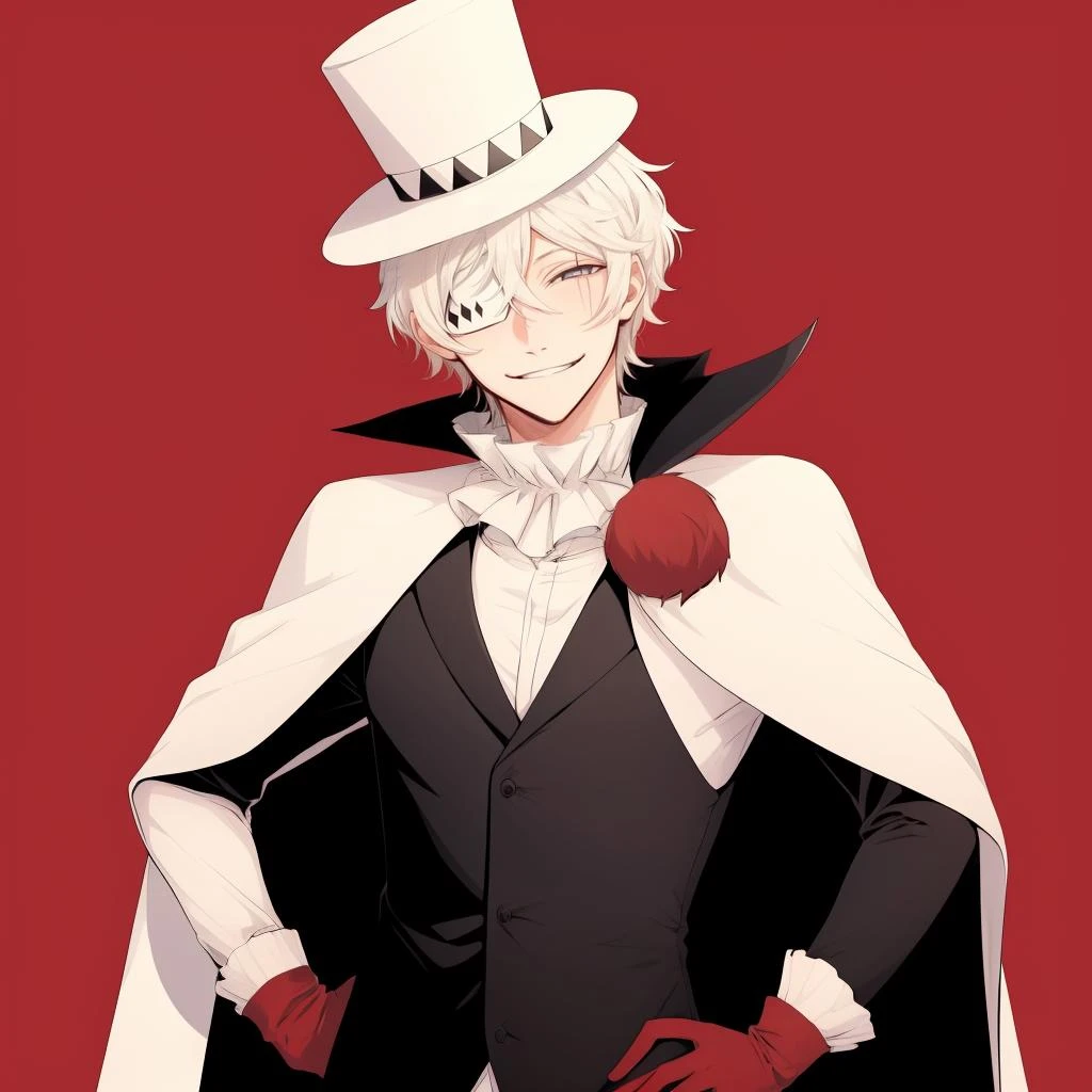 nikolai, solo, gloves, long sleeves, hat, white hair, frills, cape, hand on hip, red gloves, top hat, looking at viewer, ((red background, simple background)), 
