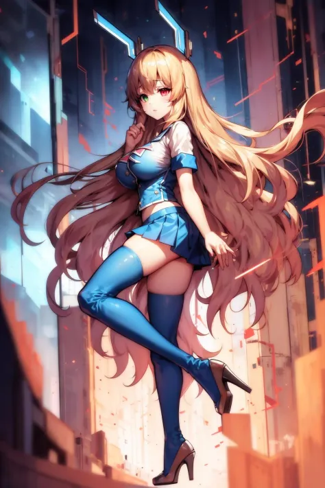 masterpiece, best quality, mwchan, heterochromia, headgear, blue shirt, blue skirt, blue thighhighs, high heels, from side, circuitry, machinery, large breasts, dark background, furrowed brow, electricity, aura, glowing, energy <lora:morriswormchan-nvwls-v1-000010:0.9>