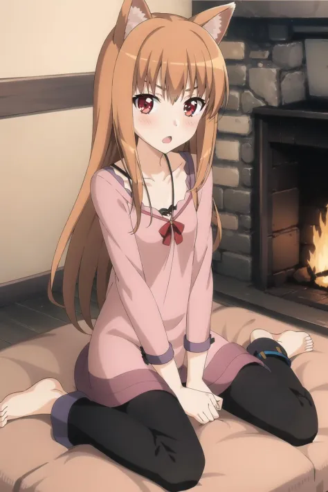 horo, 1girl, barefoot, anklet, sitting, wariza, feet, bed, jewelry, pants, open_mouth, capri_pants, dark, blush, fireplace,