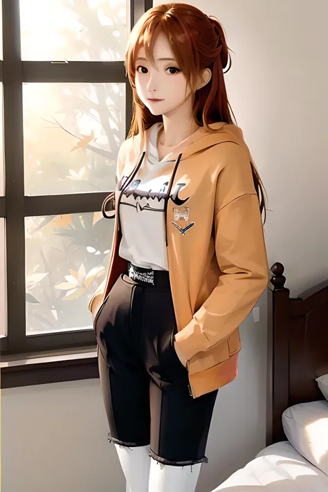 ((masterpiece)), ((best quality)), (slender_body:1.1), (wide_hips:1.2), (narrow_waist:1.2),
Asuna Yuuki, 1girl, long hair, orange hair, long hair, realistic, ultra realistic, hyper realistic, real life, highly detailed, focused,
Hoodie, Jacket, black hoodie, full pants, Full dress, full sleeve, cute face, close up, focused on face, portraits, blurred background, detailed hair, indoor, window, bed, light, soft light, shadows, detailed shadows
<lora:Asuna Yuuki 2:0.5>   <lora:HoodiesLoRA:1>