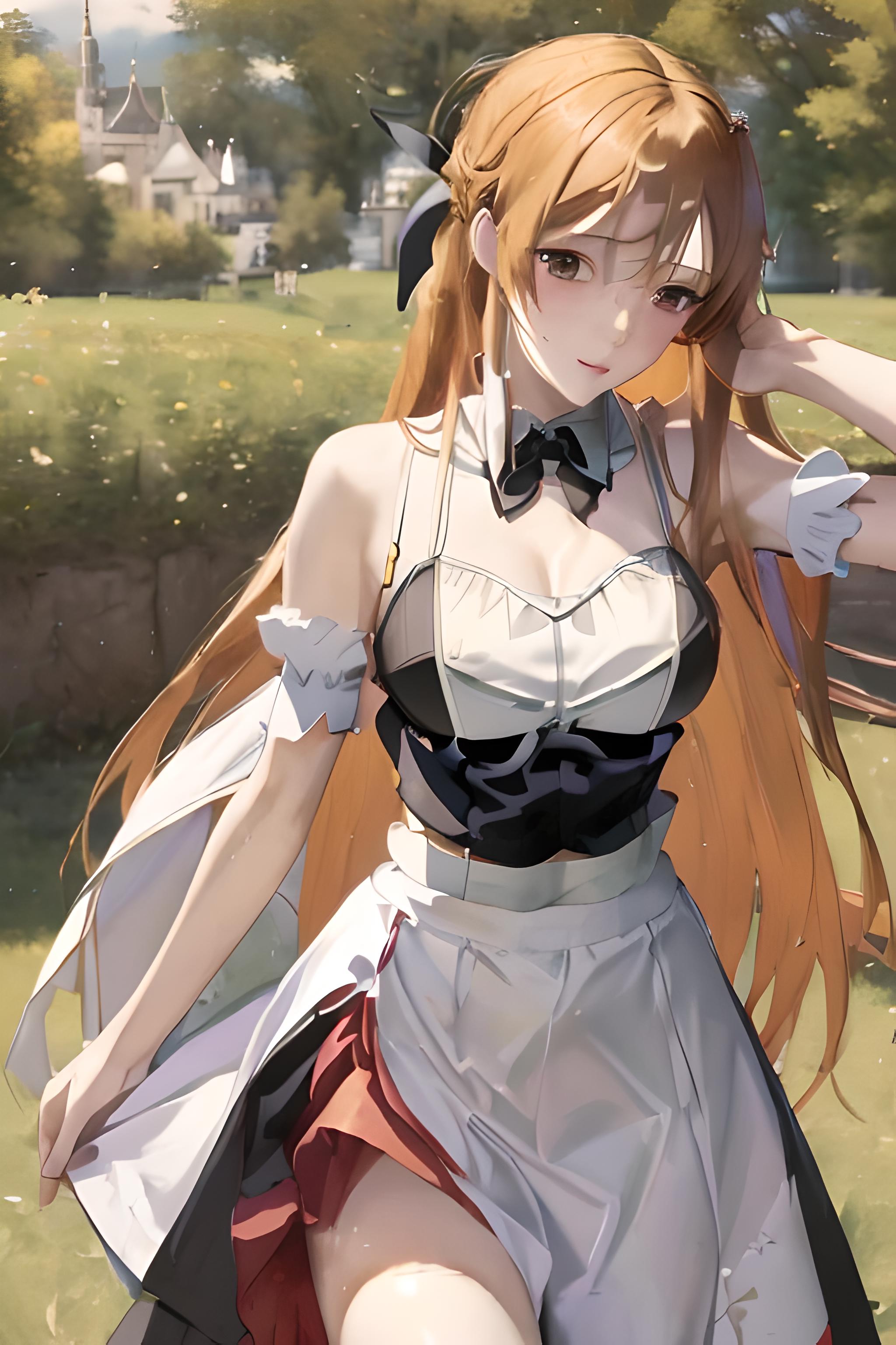 Anime girl in a short skirt and a bow tie posing for a picture - SeaArt AI