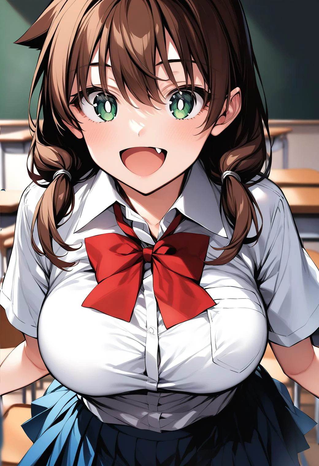 1girl, solo, large breasts, cowboy shot, (classroom:1.2), smile, open mouth, (fang:1.2),
amano_megumi, green eyes, bright pupils, white pupils, brown hair, low twintails, , red bowtie, collared shirt, short sleeves, pleated skirt, blue skirt, score_9, score_8_up, score_7_up, BREAK source_anime, best quality, masterpiece, uncensored, solo,