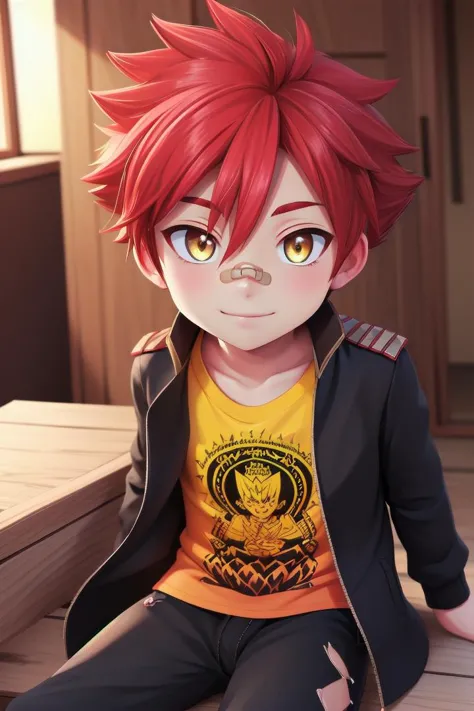 The soft lighting and detailed surroundings create an immersive environment where imagination runs wild  
 <lora:aizen-000007:0.7> 1boy, petitie,  male focus, yellow_shirt, jacket, bandaid,  bandaid on nose,  aizen kunitoshi, red hair, spiky hair, yellow eyes, soft smile,little boy