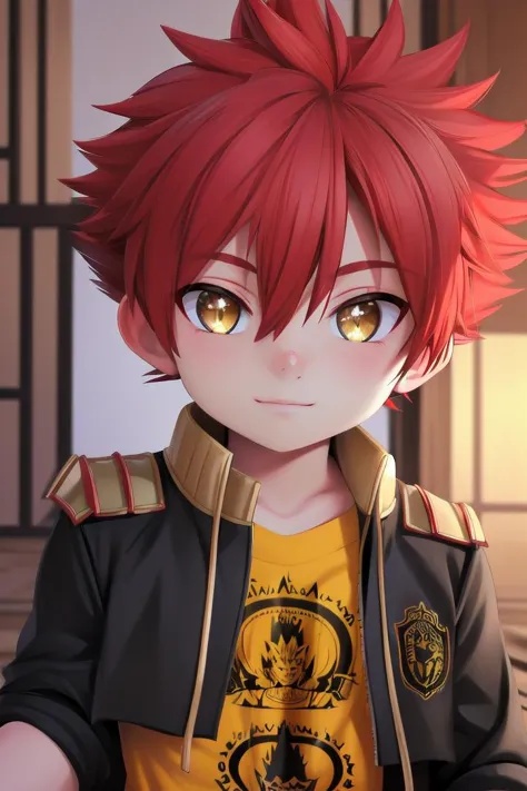 The soft lighting and detailed surroundings create an immersive environment where imagination runs wild  
 1boy, petitie,  male focus, yellow_shirt, jacket,  (bandaid on nose:0.5),  aizen kunitoshi, red hair, spiky hair, yellow eyes, soft smile,young, juvenile,,
 sparkling eyes, energetic eyes